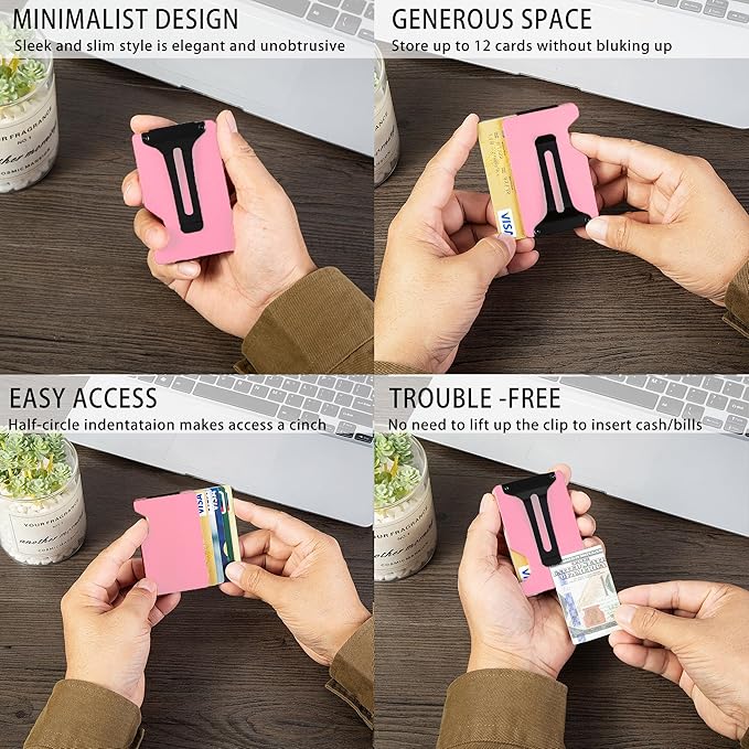 Minimalist Carbon Fiber Wallet for Men, Money Clip Cash Strap Wallet, RFID Blocking Metal Wallet Aluminum Card Holder,Front Pocket Wallet(Matte Pink)
