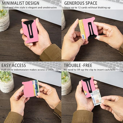 Minimalist Carbon Fiber Wallet for Men, Money Clip Cash Strap Wallet, RFID Blocking Metal Wallet Aluminum Card Holder,Front Pocket Wallet(Matte Pink)