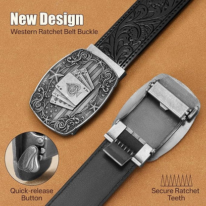 Cowboy Western Ratchet Belt for Men Women with Automatic Western Buckle, Ratchet Cowboy Leather Belt for Jeans Gifts