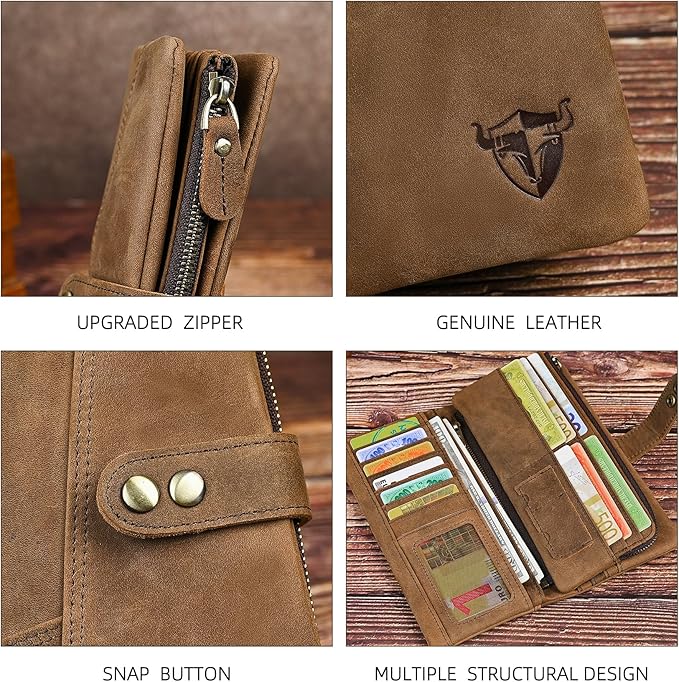 Genuine Crazy Horse Leather Travel Gift Coin Pocket Card Case Long Organizer Chain Rfid Wallet Purse With Snap For Men Male 1803 1815 (1803 Brown 26b)