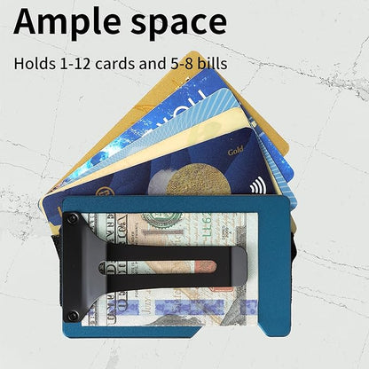 Minimalist Carbon Fiber Wallet for Men, Money Clip Cash Strap Wallet, RFID Blocking Metal Wallet Aluminum Card Holder,Front Pocket Wallet(Matte Blue)