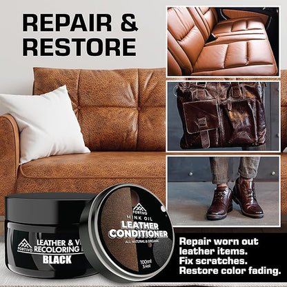 FORTIVO Leather Recoloring Balm with Mink Oil, Couch Repair Kit, Leather Dye and Restorer for Furniture - Black