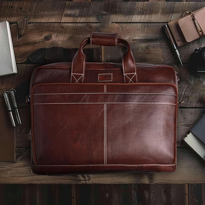 LEATHER VILLAGE 16" Leather Laptop Messenger Briefcase Bag for Men-Leather Satchel for Travel and Office Shoulder Bag-Red Brown