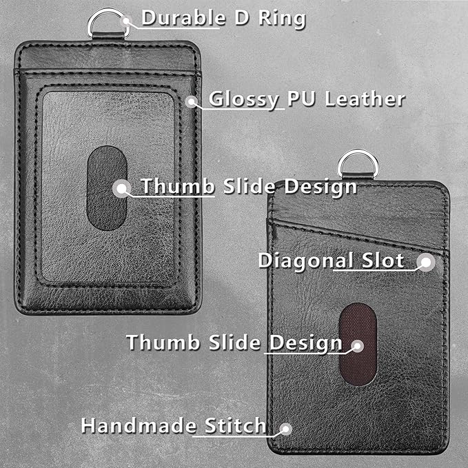 PU Leather ID Badge Holder, Life-Mate ID Badge Holder with 2 Thumb Slide Slots 1 Diagonal Slots Nylon Lanyard for ID Credit Card Business Card in Black (1 Pack)