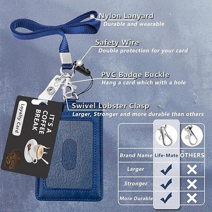 PU Leather ID Badge Holder, Life-Mate ID Badge Holder with 2 Thumb Slide Slots 1 Diagonal Slots Nylon Lanyard for ID Credit Card Business Card in Blue (1 Pack)