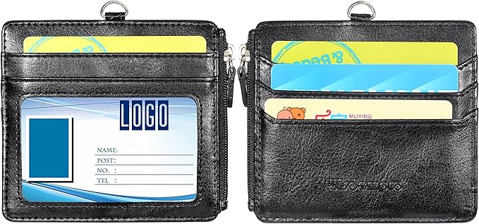Badge Holder with Zip, Wisdompro 2-Sided PU Leather ID Badge Holder with 1 ID Window, 4 Card Slots, 1 Side Zipper Pocket and 1 piece 20 Inch Leather Neck Lanyard Strap - Black (Horizontal)