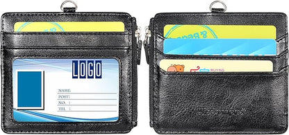 Badge Holder with Zip, Wisdompro 2-Sided PU Leather ID Badge Holder with 1 ID Window, 4 Card Slots, 1 Side Zipper Pocket and 1 piece 20 Inch Leather Neck Lanyard Strap - Black (Horizontal)