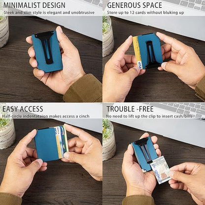 Minimalist Carbon Fiber Wallet for Men, Money Clip Cash Strap Wallet, RFID Blocking Metal Wallet Aluminum Card Holder,Front Pocket Wallet(Matte Navy)