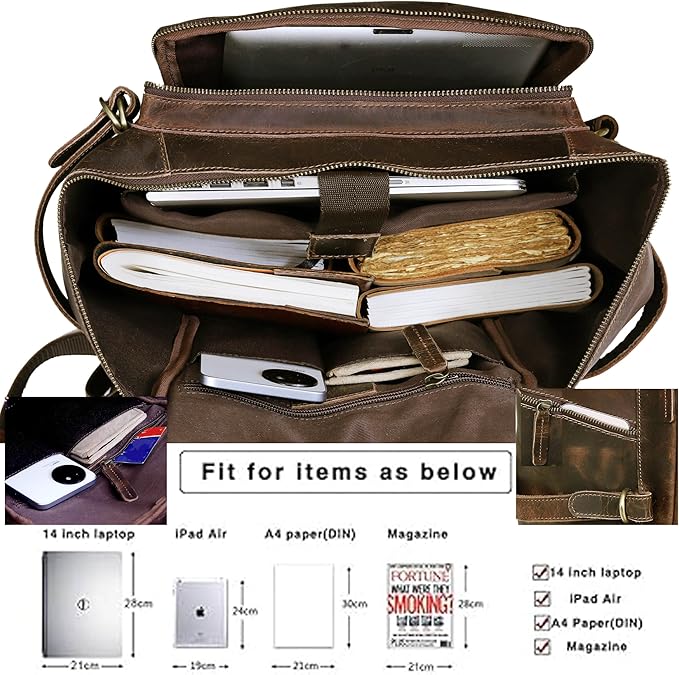 HLC Leather Backpack Genuine Laptop Rucksack For Men Women Genuine Large Capacity Business Retro Travel Camping Daypack Bag (Brown)