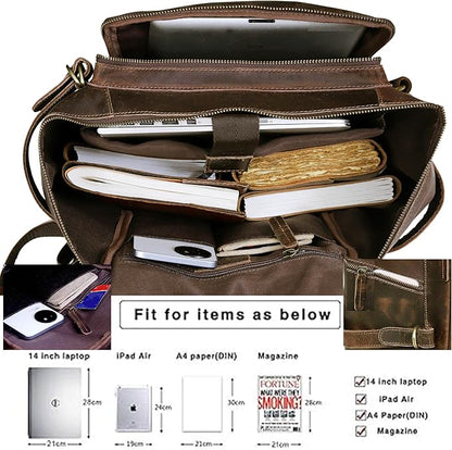 HLC Leather Backpack Genuine Laptop Rucksack For Men Women Genuine Large Capacity Business Retro Travel Camping Daypack Bag (Brown)