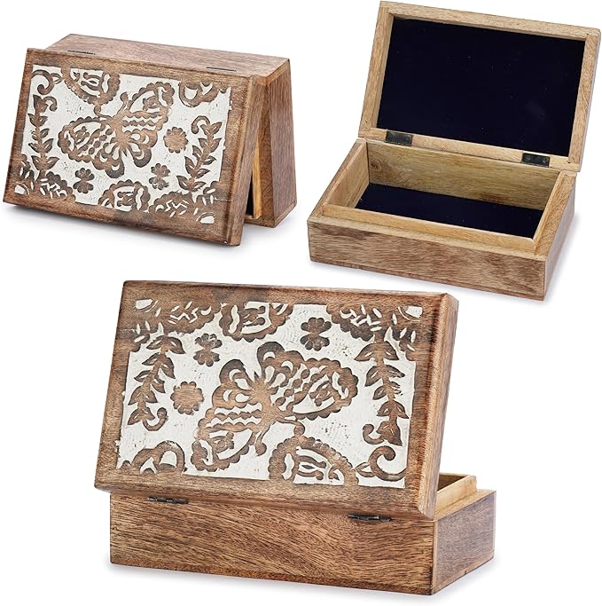 Ajuny Hand-Carved Mango Wood Jewelry Box 8x5 in – Butterfly Design Keepsake & Trinket Organizer, Vintage Decorative Chest with Hinged Lid (White/Brown) – Handmade Gift for Women & Girls