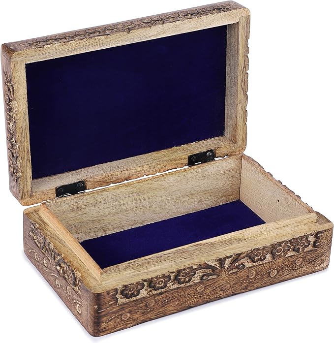 Ajuny Handcrafted Wooden Jewelry Box with Tai Chi Flower Carving – 8x5 Inch Treasure Chest for Keepsakes, Trinkets, Gifts, Decorative Storage Box for Men & Women, Home Organizer