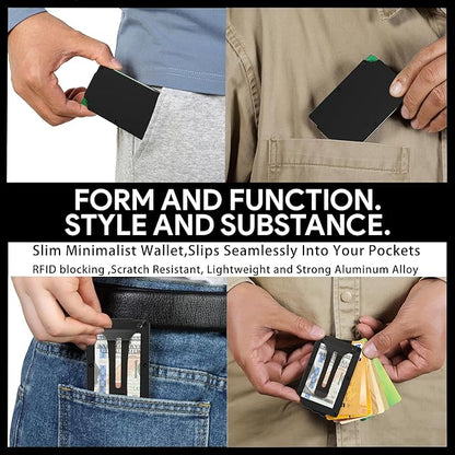 Minimalist Carbon Fiber Wallet for Men, Money Clip Cash Strap Wallet, RFID Blocking Metal Wallet Aluminum Card Holder,Front Pocket Wallet(Matt Black)