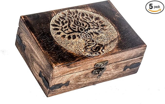 Antique Handmade Wooden Jewelry Box – Tree of Life Engraved Keepsake Storage Organizer – Handcarved Decorative Box for Women & Men – Vintage Home Décor Accent & Gift – 7" x 5.5" x 3.5"