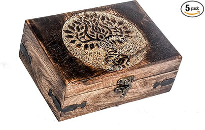 Antique Handmade Wooden Jewelry Box – Tree of Life Engraved Keepsake Storage Organizer – Handcarved Decorative Box for Women & Men – Vintage Home Décor Accent & Gift – 7" x 5.5" x 3.5"