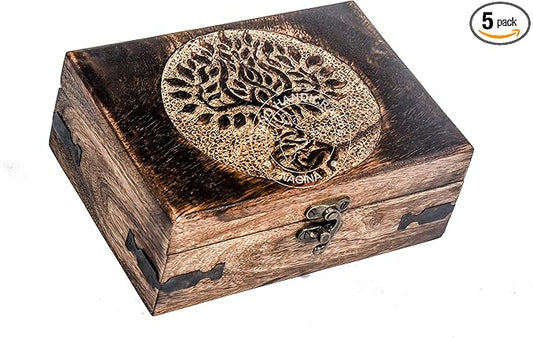 Antique Handmade Wooden Jewelry Box – Tree of Life Engraved Keepsake Storage Organizer – Handcarved Decorative Box for Women & Men – Vintage Home Décor Accent & Gift – 7" x 5.5" x 3.5"