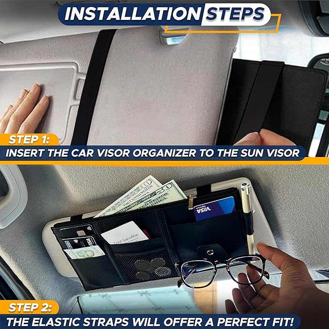 EcoNour Car Sun Visor Organizer (Black) | Multi-Pocket Net Zipper Case for Cash, Card, Pen & Sunglass | Visor Organizer Storage Pouch | Interior Accessories with Pocket for Car & Truck | Small