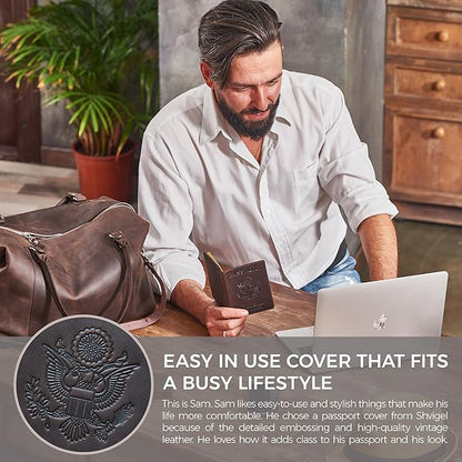 Shvigel US Leather Passport Book Cover - Thin American Travel Passport Holder - Premium International USA Passport Protector Case for Women Men (Brown Vintage)