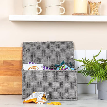 Household Essentials Small Handwoven Paper Rope Wicker Basket with Lid, Grey