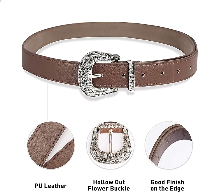 INOGIH Adjustable-Vintage-Western-Cowboy-Belt Women Men - Cowboy-Style Engraved-Buckle Belt for Jeans Pants Dresses