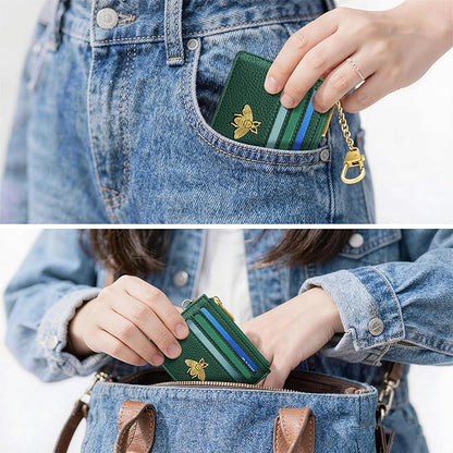SEAVILIA Card Holder Keychain Wallet for Women with ID Window RFID Blocking Coin Purse Bee Gifts Slim Minimalist Small PU Leather