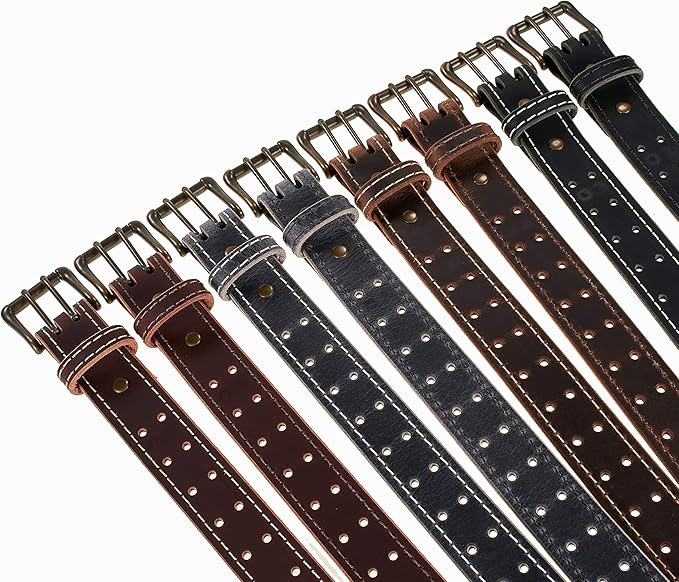 Men’s Classic Leather Belt, Double Prong Retro Style, Antique Brass Buckle, 1 ½” Width, Amish handmade in the USA