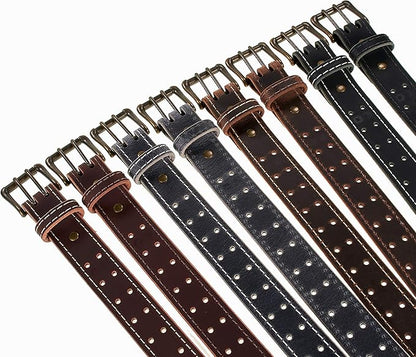Men’s Classic Leather Belt, Double Prong Retro Style, Antique Brass Buckle, 1 ½” Width, Amish handmade in the USA