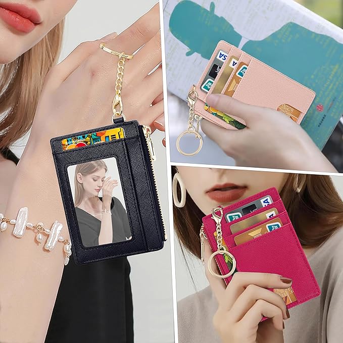 Suweibuke Slim Pocket Wallet, RFID Blocking Credit Card Holder Wallet with D-Shackle ID Window and Detachable keychain for Women (A-Coral Pink)