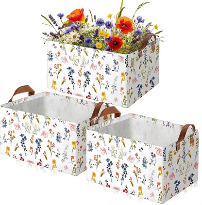 Boao 3 Pcs Watercolor Wildflowers Storage Bin Wildflowers Collapsible Large Storage Baskets for Gifts Canvas Laundry Basket Foldable Box with Handle for Office Home Bedroom Clothes