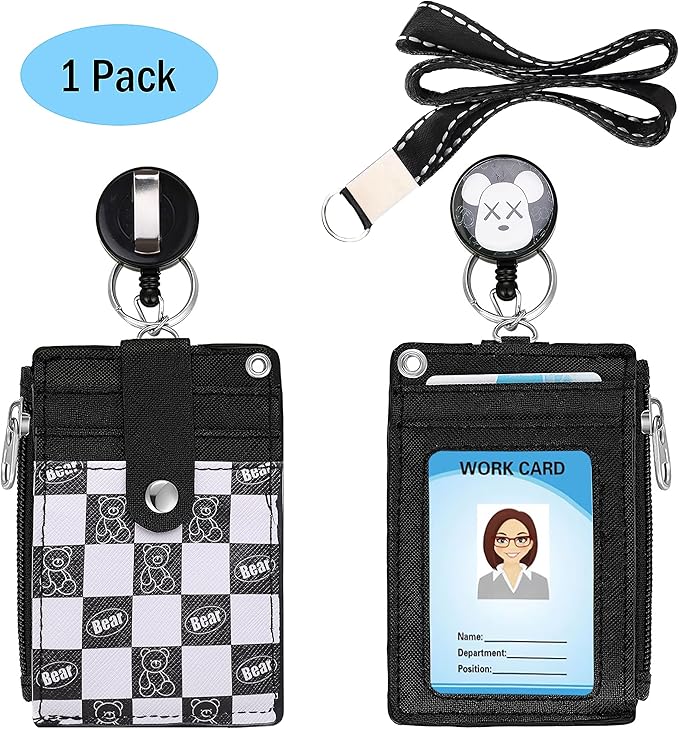 【2025 Latest】Cute ID Badge Holder Retractable Lanyard Reel Clip with Heavy Duty Carabiner,5Card Slots in 2 Sided with Key Ring and Zipper for Women Students Teens Girls Office Staff (Black White Bear)