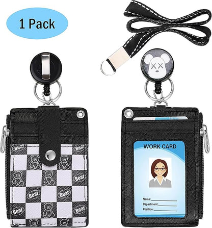【2025 Latest】Cute ID Badge Holder Retractable Lanyard Reel Clip with Heavy Duty Carabiner,5Card Slots in 2 Sided with Key Ring and Zipper for Women Students Teens Girls Office Staff (Black White Bear)