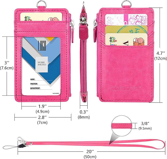 Badge Holder with Zip, Wisdompro Double Sided PU Leather ID Badge Card Holder Wallet Case with 5 Card Slots, 1 Side Zipper Pocket and 20 Inch Leather Neck Lanyard/Strap - Hot Pink (Vertical)