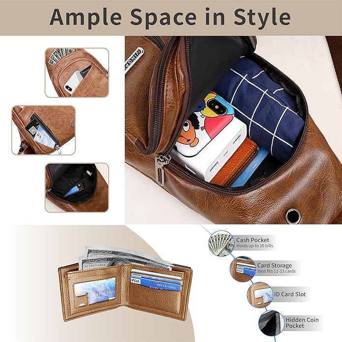 Sling Bag Set, PU Leather Sling Bag, Multi-Zipper Design for Travel, Outdoors, Valentine’s Day Gifts