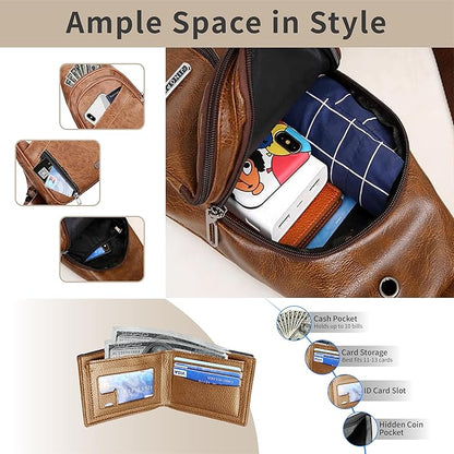 Sling Bag Set, PU Leather Sling Bag, Multi-Zipper Design for Travel, Outdoors, Valentine’s Day Gifts