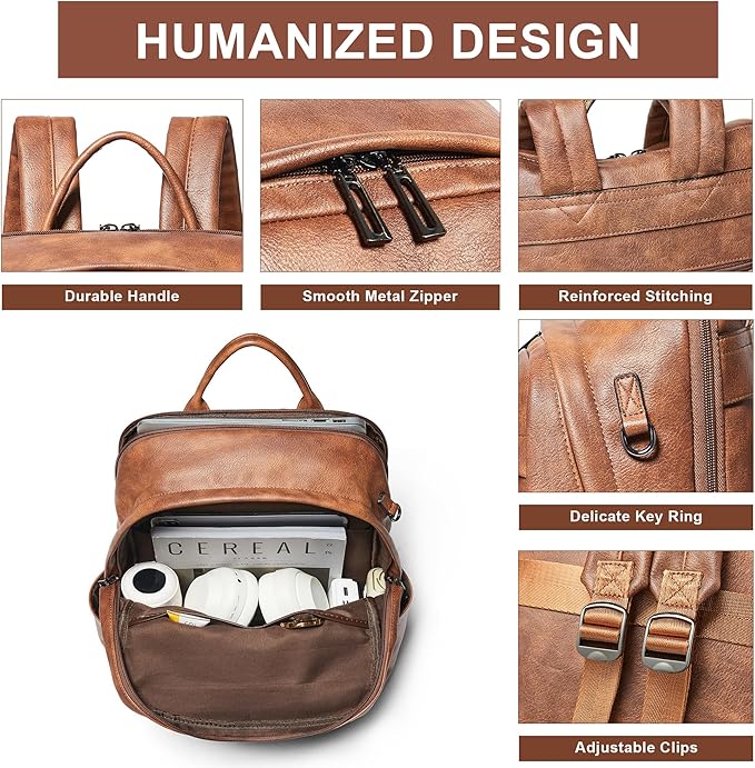 Vegan Leather Backpack for Women and Men, Fits 16.0 Inch Laptop, Multi-Pocket Design with Water Bottle and Luggage Strap, Ideal for Work, Travel, and Daily Use, Brown