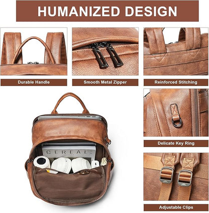 Vegan Leather Backpack for Women and Men, Fits 16.0 Inch Laptop, Multi-Pocket Design with Water Bottle and Luggage Strap, Ideal for Work, Travel, and Daily Use, Brown
