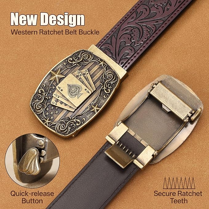 Cowboy Western Ratchet Belt for Men Women with Automatic Western Buckle, Ratchet Cowboy Leather Belt for Jeans Gifts