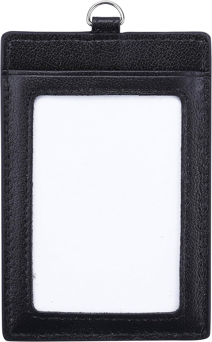 I-MART Genuine Leather Badge Holder with Lanyard – Vertical ID Badge Holder for Nurse, Office, Teacher | Cowhide, 3 Card Slots, Black, Gift Box