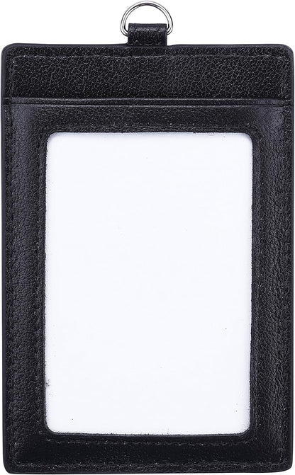 I-MART Genuine Leather Badge Holder with Lanyard – Vertical ID Badge Holder for Nurse, Office, Teacher | Cowhide, 3 Card Slots, Black, Gift Box
