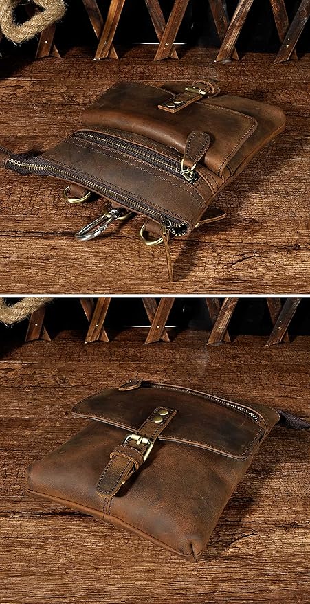Le'aokuu Mens Genuine Leather Small Messenger Shoulder Satchel Phone Pouch Belt Waist Bag Pack