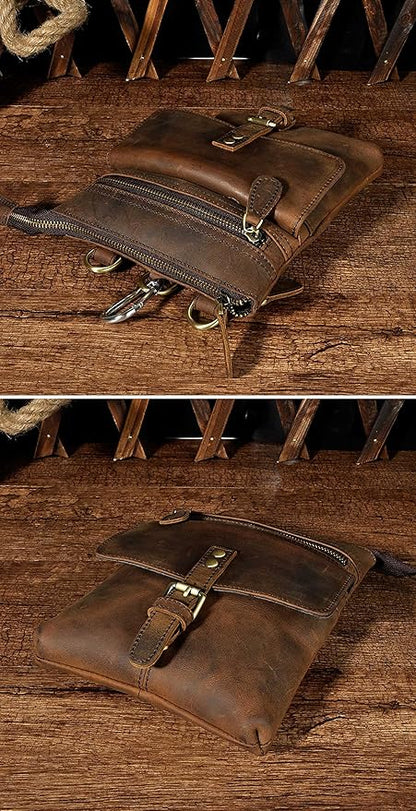 Le'aokuu Mens Genuine Leather Small Messenger Shoulder Satchel Phone Pouch Belt Waist Bag Pack