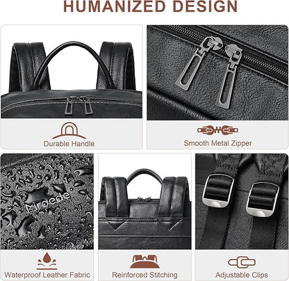 Leather Laptop Backpack for Women 15.6 Inch Laptop Travel Backpack Purse Casual Daypack with Laptop Compartment for College Work Nurse Business Weekender, Black