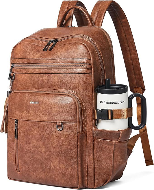 Shrrie Vegan Leather Laptop Backpack for Women,17 Inch Computer Backpack Purse for Work Business College Travel Teacher Nurse with Anti-theft Pocket & Giant Tumbler Holder Pocket,Caramel Brown