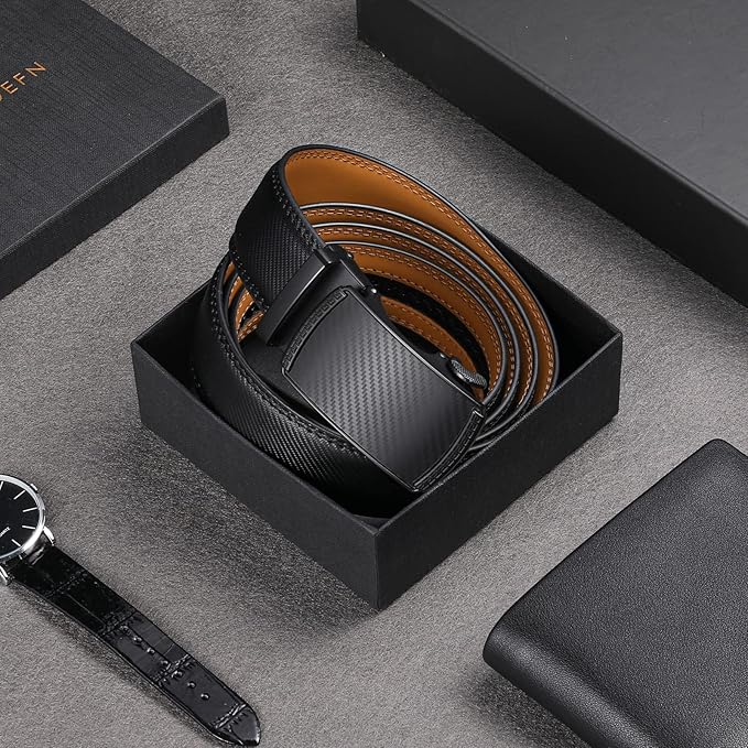 SENDEFN Men's Leather Belt Automatic Ratchet Buckle Slide Belt for Dress Casual Trim to Fit with Gift Box