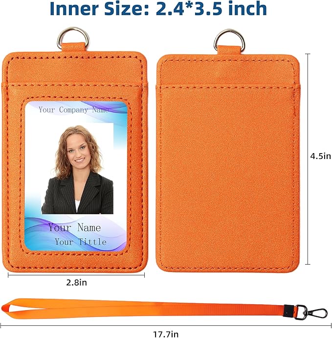 Leather Badge Holder with Adjustable Lanyards,Swivel Metal Clasp for Offices, Staff, Students, Employees (Orange)