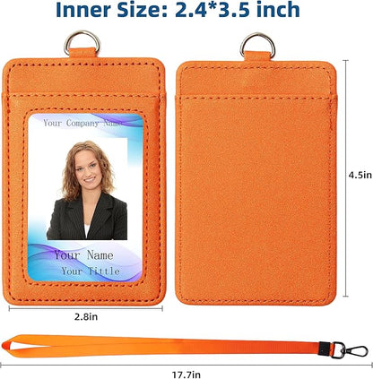 Leather Badge Holder with Adjustable Lanyards,Swivel Metal Clasp for Offices, Staff, Students, Employees (Orange)