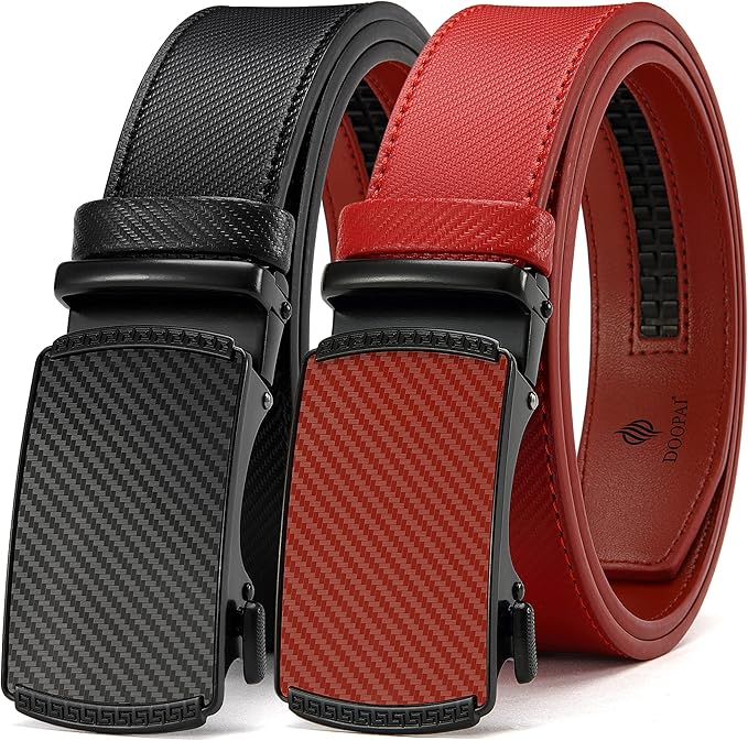 DOOPAI Men's 2 Pack Ratchet Dress Belt - Adjustable 1 3/8" Genuine Leather, Size Length Can Be Cut, With Gift Box