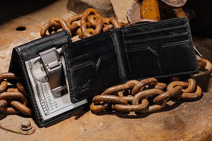 House of Jack Co. Maverick Bifold Money Clip Wallet for Men – Slim Front Pocket Leather Wallet with Metal Cash Clip, Exterior ID Window & Card Holder, Full-Grain Cowhide, Black