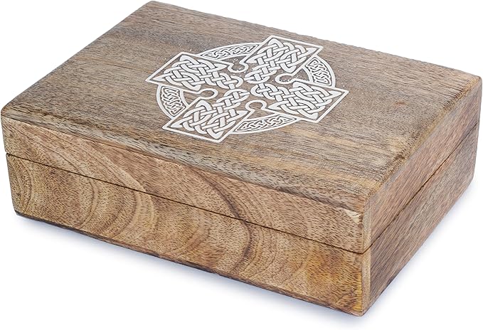Ajuny Handmade Decorative Wooden Jewelry Box Celtic Cross Design Multipurpose Treasure Chest Storage Organizer Trinket keepsake Necklaces Watch Boxes, Great Gifts - 8x5 Inch