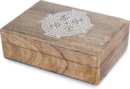 Ajuny Handmade Decorative Wooden Jewelry Box Celtic Cross Design Multipurpose Treasure Chest Storage Organizer Trinket keepsake Necklaces Watch Boxes, Great Gifts - 8x5 Inch